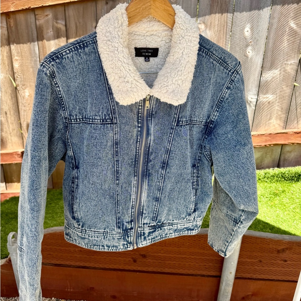 Love Tree Blue Denim Jacket with White Sherpa Collar
